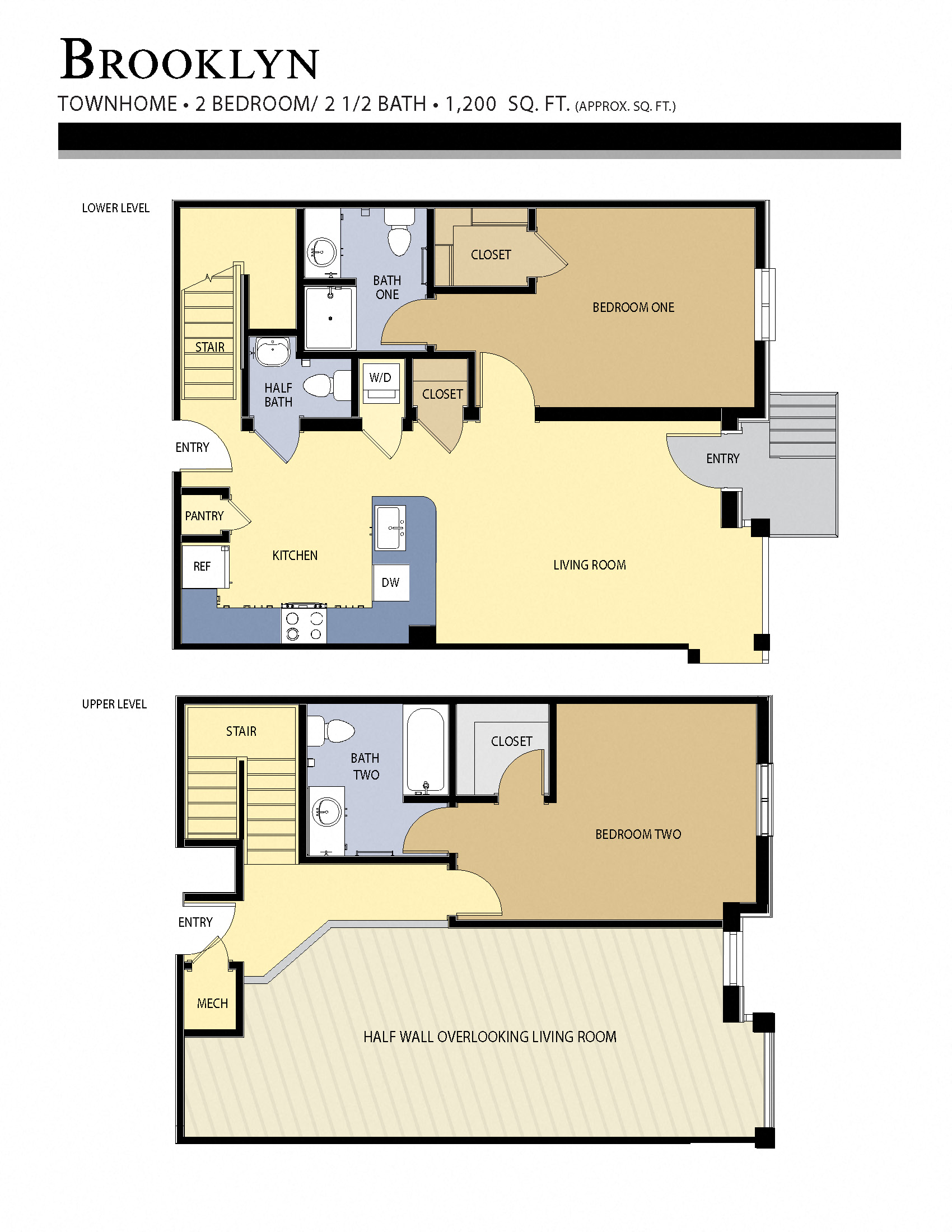 Floor plan for 2 beds, 2.5 baths, 1200 sqft